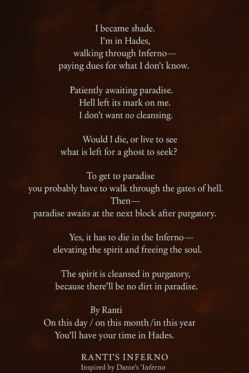 Through fire. Through suffering. Through becoming.
This isn’t just a journey through hell—
It’s a mirror of life’s circles.

#Poetry #SelfDiscovery #DantesInferno #SpiritualPoetry #LifeJourney #WritersOfX #CowboyCarterTour #headies2025  #Triumph30 Olamide