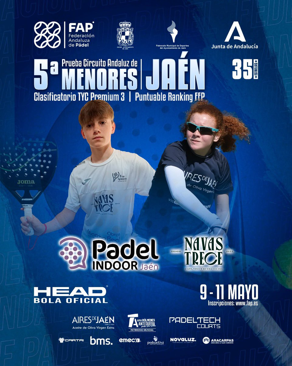 Las instalaciones de <a href="/PadelIndoorJaen/">PadelIndoorJaén</a> , <a href="/PadelPremium/">Padel Premium</a> y <a href="/PADELaKademia/">PADELaKademia</a> acogerándel 9 al 11 de mayo la quinta prueba del Circuito Andaluz de Menores de pádel 🎾, que reunirá a mas de 400 jugadores y jugadoras 

Los ganadores y los subcampeones obtendrán plaza para el TyC Nacional