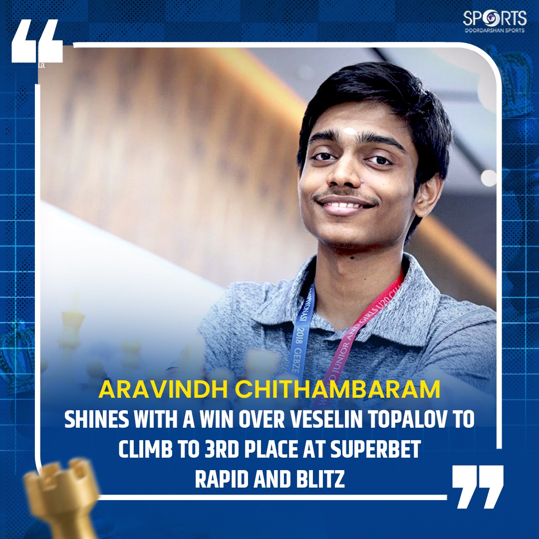 ddsportschannel's tweet photo. Indian talent shining at #SuperbetRapidBlitz! 🇮🇳♟️
Aravindh Chithambaram stuns Topalov, moves to 3rd! 🔥
Praggnanandhaa fights hard, draws with Aronian. 💪
Final rounds coming up! 🏆
#Chess #GrandChessTour #IndiaInChess
@IndiaSports @Media_SAI @aicfchess @pawnof64squares