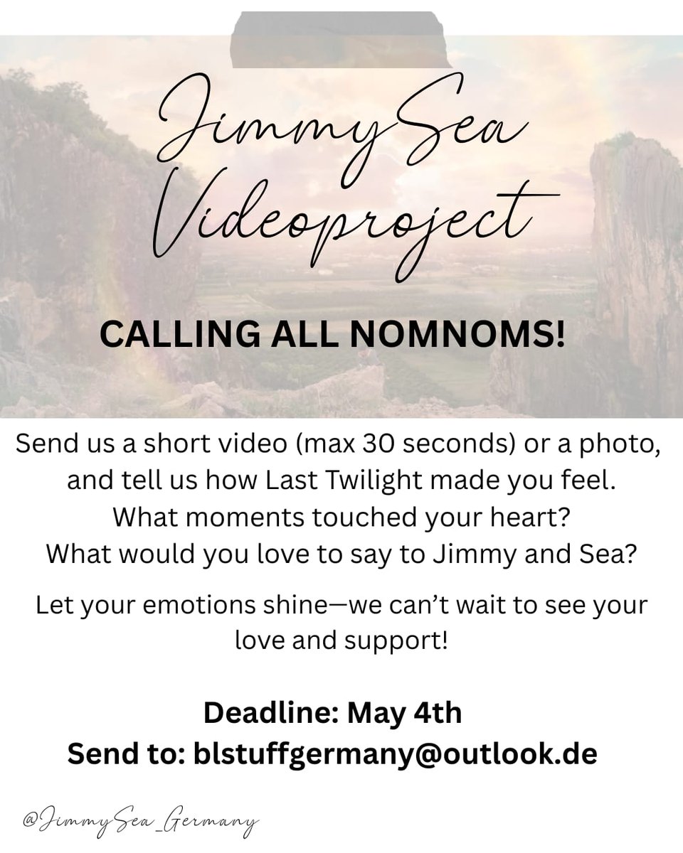 Maaaari666's tweet image. CALLING ALL #nomnoms !
Send us your message for JimmySea! ❤️ Whether in writing, via video or as a voice message!
Fanside on Instagram  JimmySea_Germany 
#jimmysea1stfminberlin #JimmySea #LastTwilightSeries #Fanprojekt