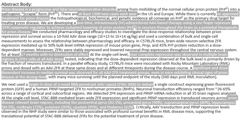 BiotechAnalysst's tweet photo. $SGMO #Prion NHP: single IV dose of STAC-BBB to deliver
significant #PRNP #repression in neurons across prion disease relevant brain regions
postcentral gyrus 82.5%
precentral gyrus 90%
supramarginal gyrus 80%
hippocampus 90.5%
midbrain 72%
putamen 95%
caudate 95%
thalamus 82% https://t.co/65ZQhU9sJV