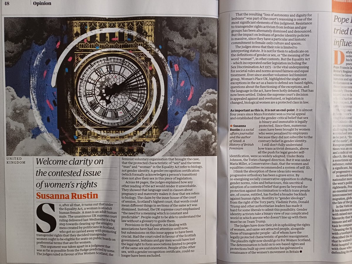 Susanna Rustin (@susannarustin) on Twitter photo Great to see my piece on <a href="/UKSupremeCourt/">UK Supreme Court</a> ruling on the Equality Act in <a href="/guardianweekly/">Guardian Weekly</a> ( link next).
A historic decision upholding women's legal rights which are, and have always been, sex-based Great to see my piece on <a href="/UKSupremeCourt/">UK Supreme Court</a> ruling on the Equality Act in <a href="/guardianweekly/">Guardian Weekly</a> ( link next).
A historic decision upholding women's legal rights which are, and have always been, sex-based