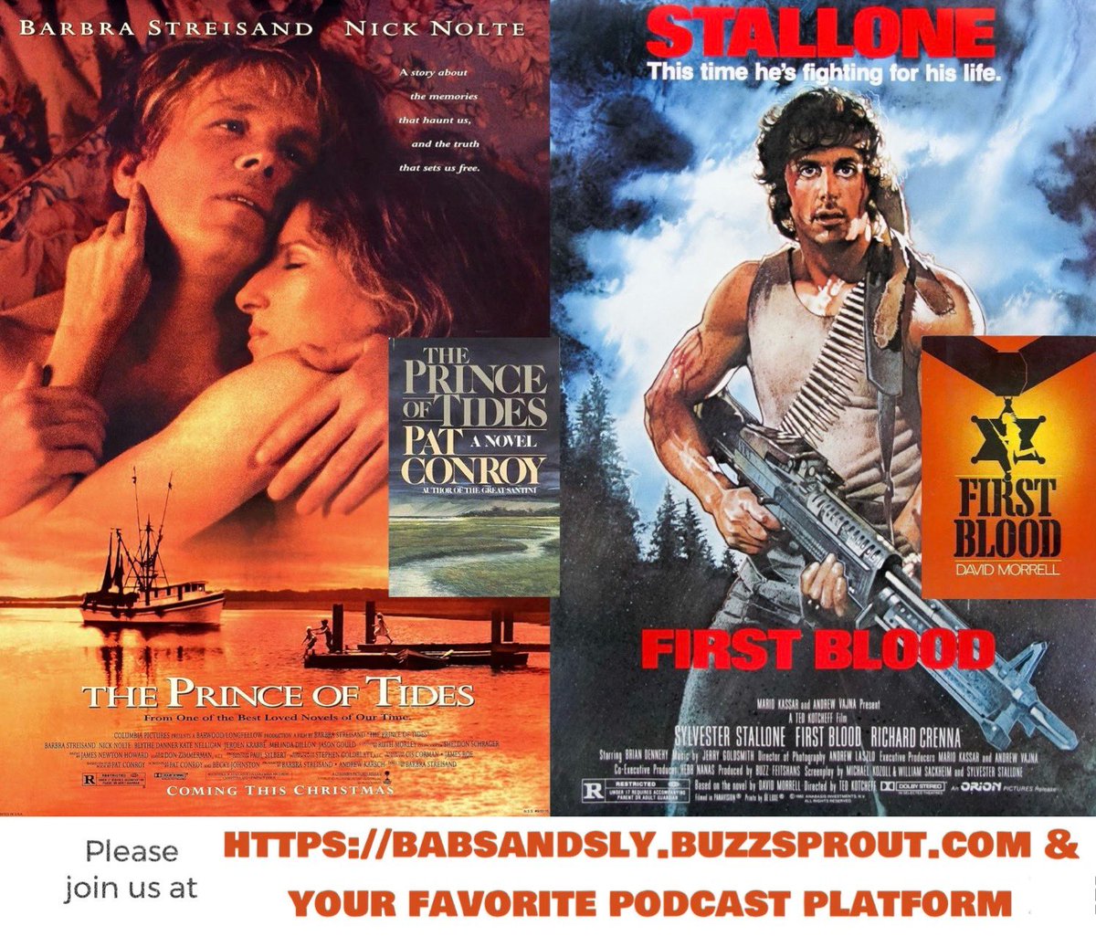 BabsAndSly's tweet photo. Adaptations, main character traumas, trips to St Helena Island and Hope, BC - it must be Ep 5 of #BabsAndSly, the fresh &amp; fun series, avail on your favorite podcast platform. Join us for #ThePrinceOfTides vs #FirstBlood: A Novel Adaptation #BarbraStreisand #sylvesterstallone https://t.co/Tmztfrndy9