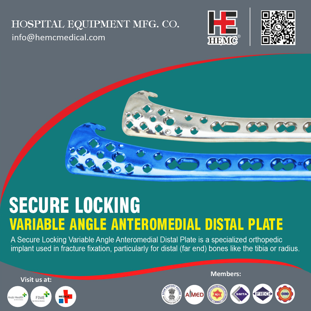 HemcOrtho's tweet image. A Secure Locking Variable Angle Anteromedial Distal Plate is a specialized orthopedic implant used in fracture fixation, particularly for distal (far end) bones like the tibia or radius.
#SecureLockingVariableAngle #VariableAngle #VariableAnglePlate #AnteromedialDistalPlate