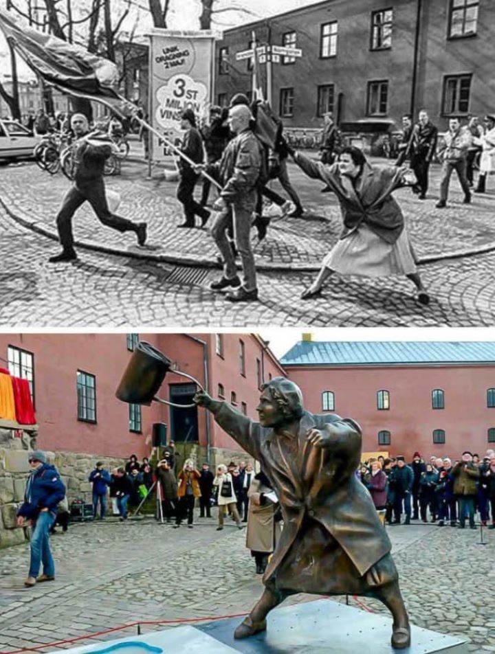 Statue of Danuta Danielsson, a woman from Sweden who became a hero.

The Woman with the Handbag is a photograph taken in Växjö, Sweden, on April 13, 1985. It illustrates a lady striking a marching Neo-Nazi with a handbag.
