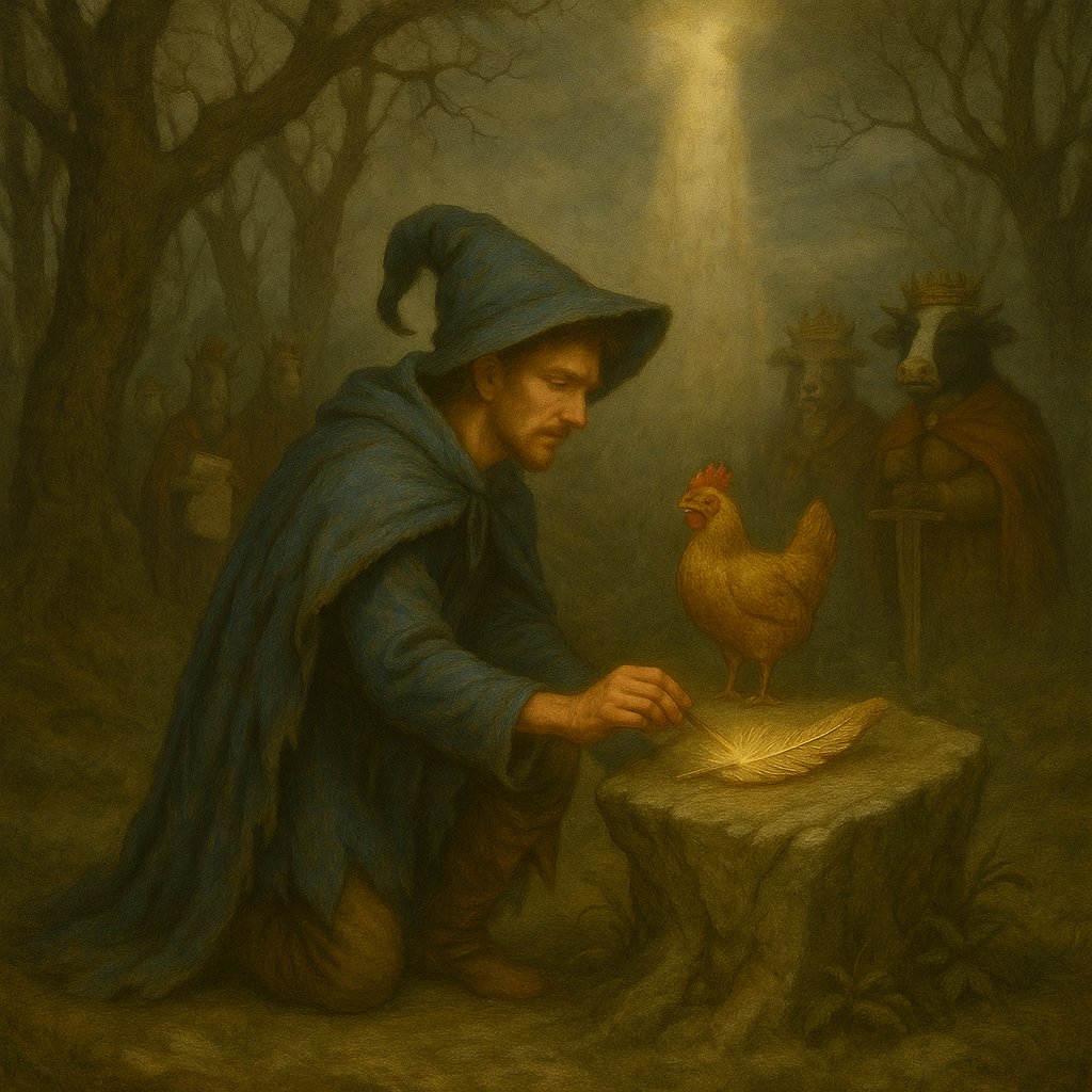 In the hush of the Grove Eternal, beneath the gaze of kings and tribunal alike, Questor steadied his hand — for balance, not bravery, would crown the chosen feather.