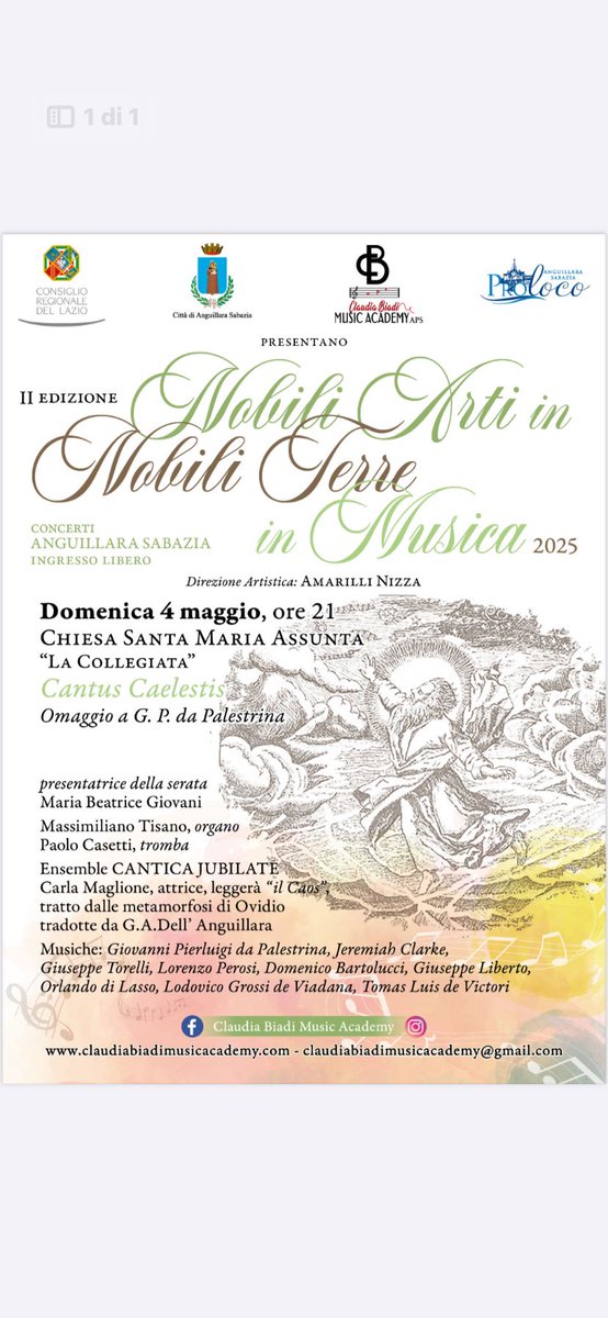Il 4 maggio alle 21 si esordisce con “Cantus Caelestis”. Il direttore artistico Amarilli Nizza, soprano di fama internazionale, propone al pubblico di Anguillara un appuntamento di grande livello. 
Ad esibirsi l’ensemble vocale “Cantica Jubilate”. #mettereinevidenza #Giubileo