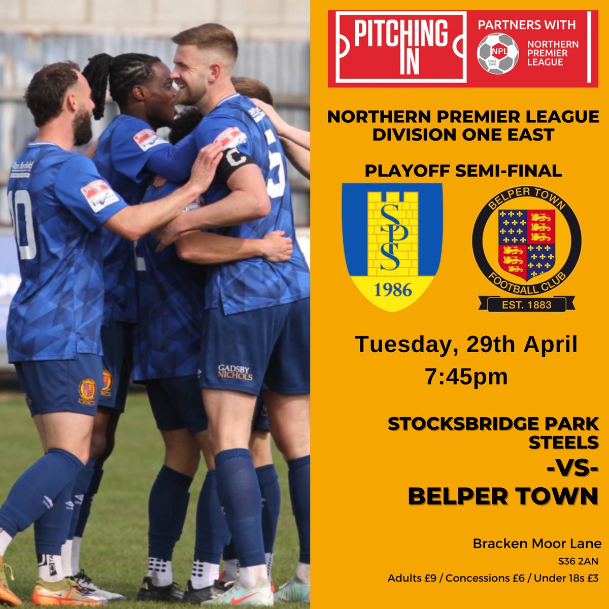 🟦🟨 𝗠𝗔𝗧𝗖𝗛𝗗𝗔𝗬 🟨⬛️

We’re back in the Playoffs for the first time since 2022 and face the difficult task of travelling to in form Stocksbridge in the semi-final tonight!

🆚| <a href="/parksteelsfc/">Stocksbridge Park Steels</a> 
🗓️| Tuesday 29/04/25
🕒| 7️⃣:4️⃣5️⃣pm
🏆| <a href="/NorthernPremLge/">The Pitching In Northern Premier League</a> Div One East
🏅| Playoff