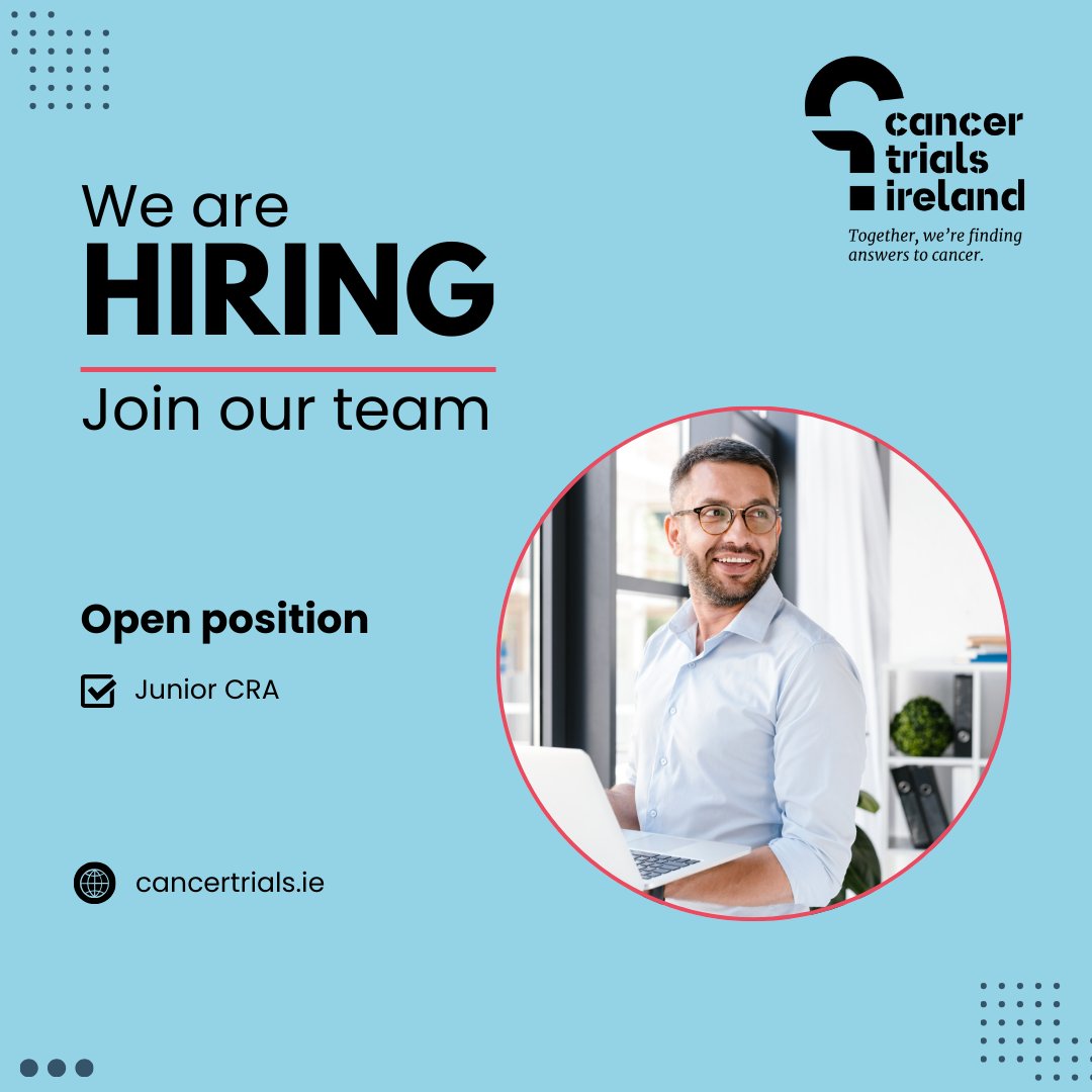 cancertrials_ie's tweet photo. We’re hiring! Cancer Trials Ireland is looking for a Junior CRA/CRA1.
Life sciences/medical background + 1yr clinical research experience?
Support cancer trials, grow your career, and make a difference.
Apply: https://t.co/2SahWChqFk
#JobFairy #CRAJobs #Hiring #CancerResearch https://t.co/SrO1Ng7pnA