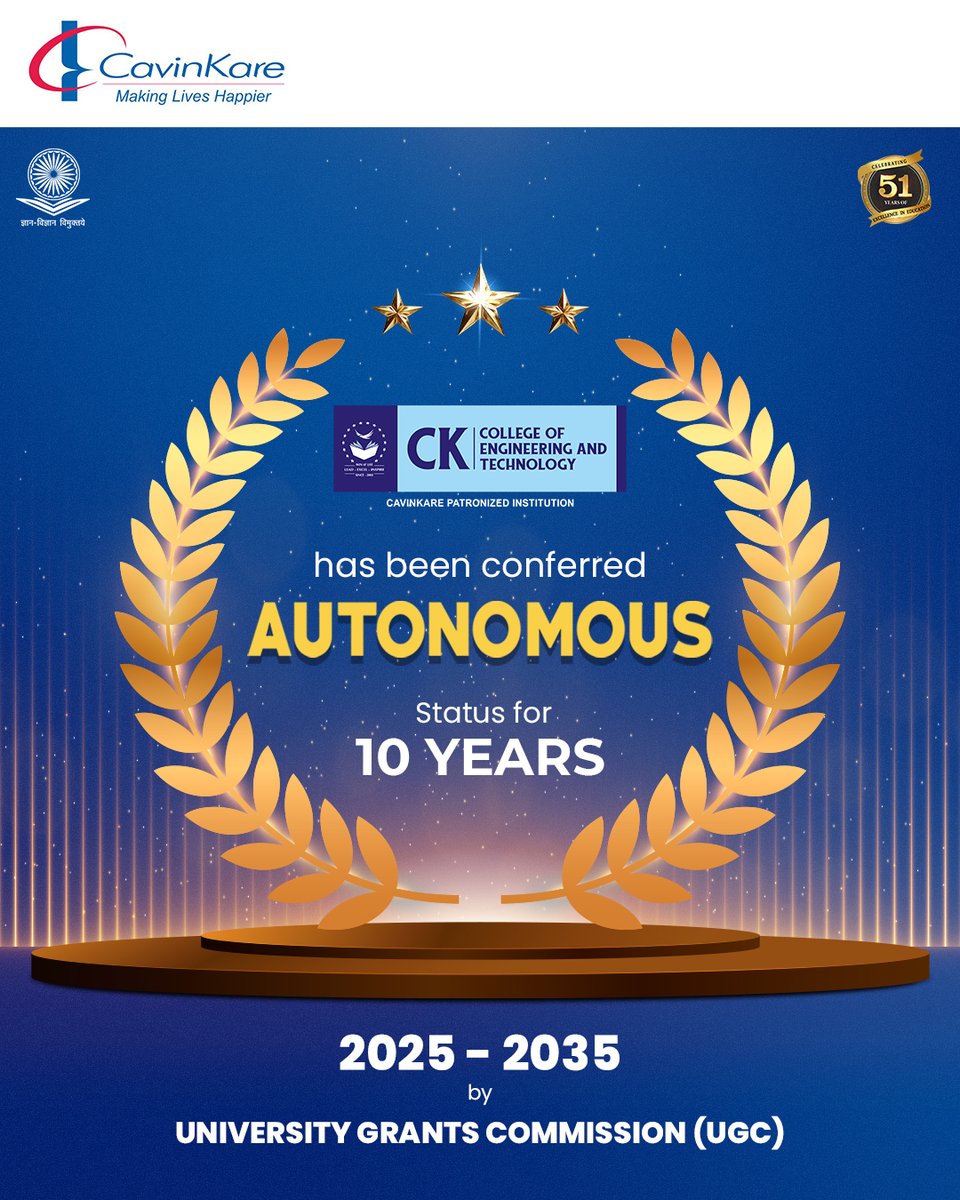 We’re proud to announce that C.K. College of Engineering &amp; Technology (CKCET), patronized by CavinKare, has been granted Autonomous Status by the UGC for 10 years! 

#CavinKare #CKCET #AutonomousCollege #InnovationInEducation #FutureReady #TamilNadu #HigherEducation