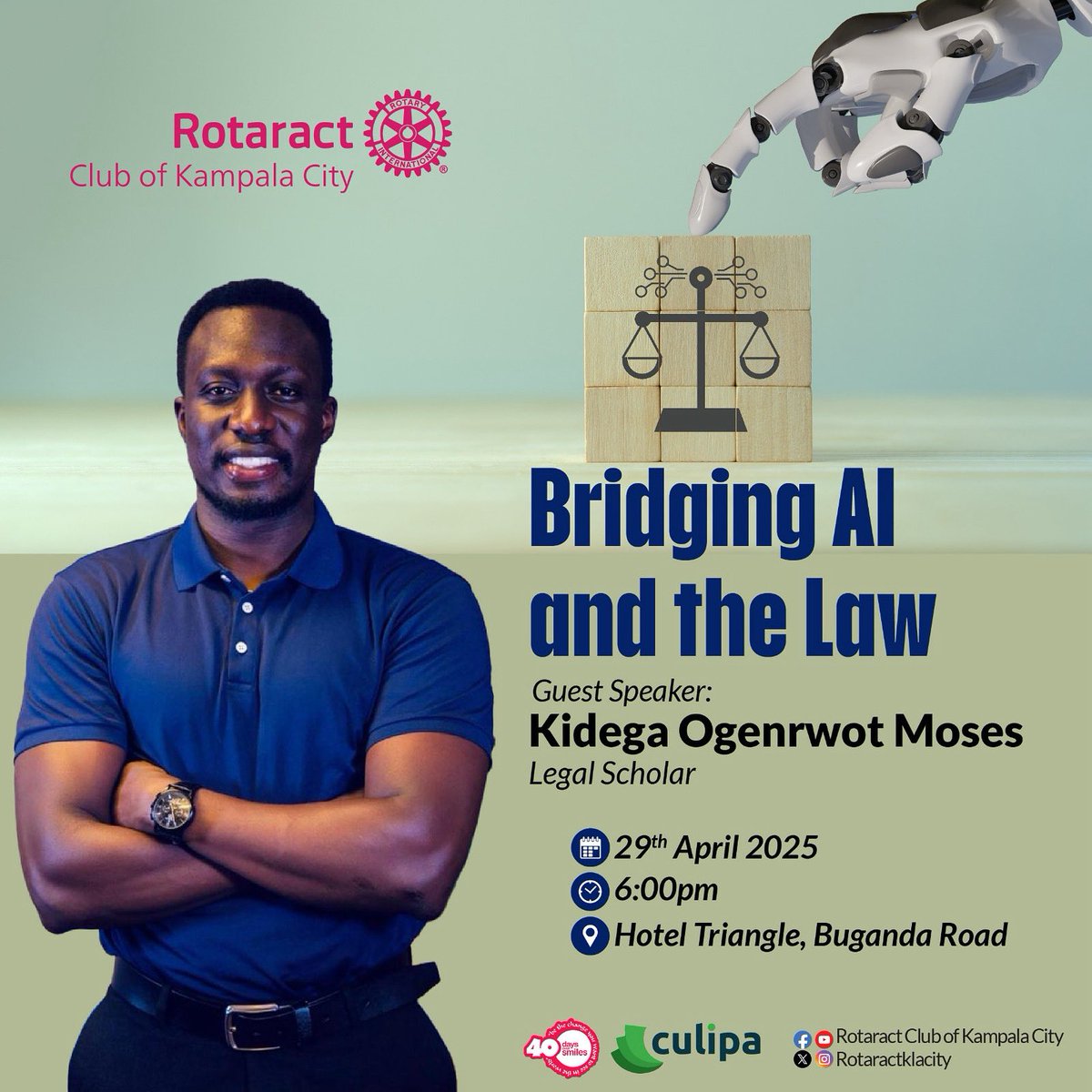 Rotaract Club of Kampala City (@rotaractklacity) on Twitter photo Happening today🚨🚨
Let’s discover how 🤖 AI is transforming the legal landscape and what it means for the future….
Don’t miss out, bring your friends and let’s learn together.
Guest Speaker <a href="/kidegaMoise/">Kidega Ogenrwot Moses</a>
See you there……
#rotaractklacity Happening today🚨🚨
Let’s discover how 🤖 AI is transforming the legal landscape and what it means for the future….
Don’t miss out, bring your friends and let’s learn together.
Guest Speaker <a href="/kidegaMoise/">Kidega Ogenrwot Moses</a>
See you there……
#rotaractklacity