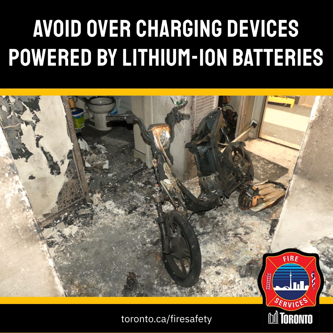 Overcharging a lithium-ion battery may cause the device to progressively heat up and cause a fire. Always disconnect devices when fully charged. #Toronto #safety