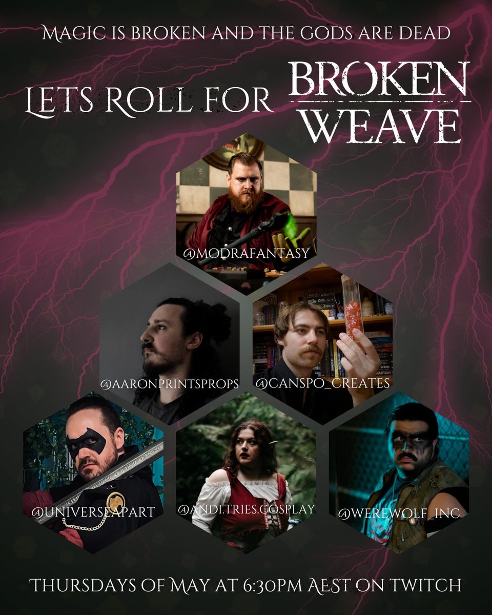 Magic’s broken, gods are dead, and we’re rolling with it 🎲💥 Let’s Roll for Broken Weave!
Thursdays in May 6:30pm AEST on Twitch
Guests: @aaronprintsprops @canspo_creates <a href="/universeapart/">UniverseApart 👀</a> @andi.tries.cosplay @werewolf_inc

 #BrokenWeave #TTRPGCommunity