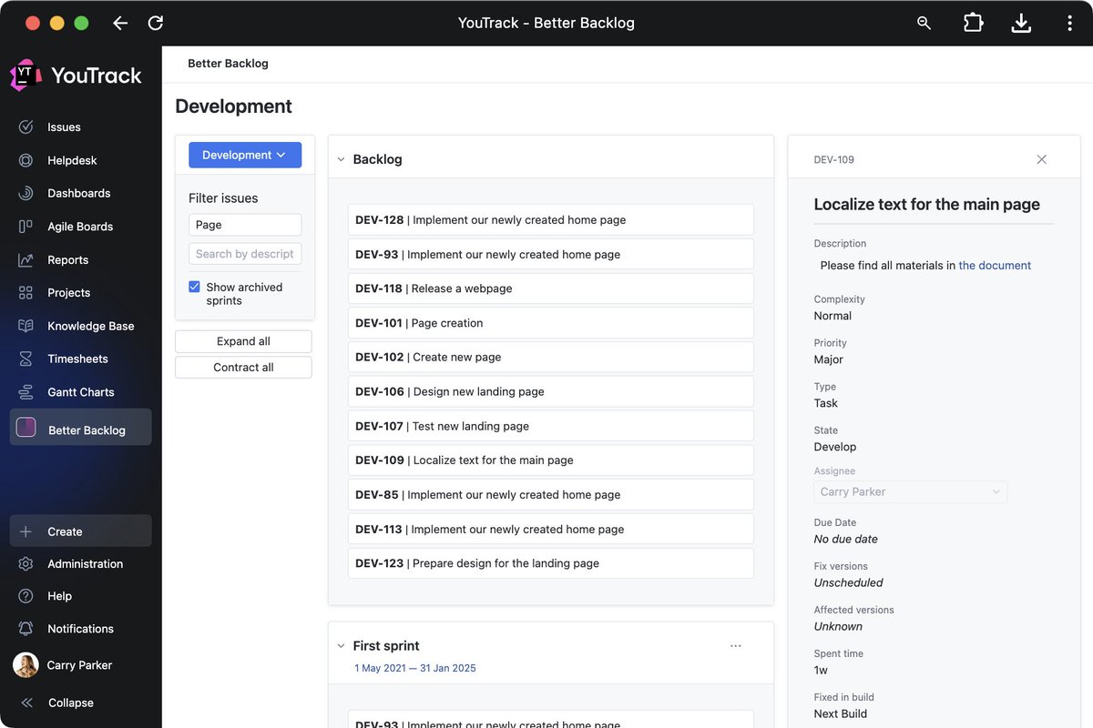Use the Better Backlog app to simplify your sprint planning! It adds a new section to YouTrack’s main menu, allowing you to filter the backlog and manage tasks across multiple sprints. Get it now: jb.gg/ytBAx