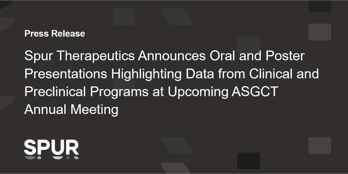 Spur will share three oral and poster presentations at #ASGCT2025 in New Orleans. These include an oral presentation on the durability of FLT201, our lead gene therapy candidate for the treatment of #Gaucher disease, on May 15 at 9am CT. Learn more: bit.ly/4iBGMfe