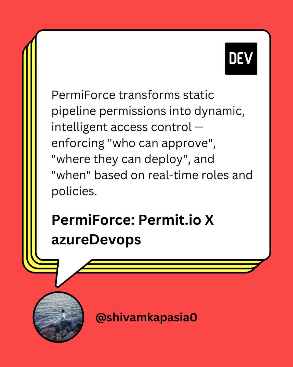 DEV Community (@thepracticaldev) on Twitter photo Meet PermiForce, a new tool bringing fine-grained and dynamic access control to your Azure DevOps pipelines. Built by <a href="/shivaay0o7/">shivam kapasia</a> for the @Permit_io Authorization Challenge running through Sunday! #DevOps #AzureDevOps
Full post: dev.to/shivamkapasia0… Meet PermiForce, a new tool bringing fine-grained and dynamic access control to your Azure DevOps pipelines. Built by <a href="/shivaay0o7/">shivam kapasia</a> for the @Permit_io Authorization Challenge running through Sunday! #DevOps #AzureDevOps
Full post: dev.to/shivamkapasia0…