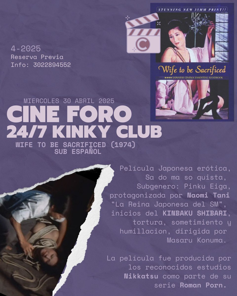 Cine Sado Japonés, Román Porn:
Miércoles 30 Abril, 6:30pm
Reserva previa: forms.gle/RPmQt1AXpVTNaR…
WhatsApp +57 3022894552