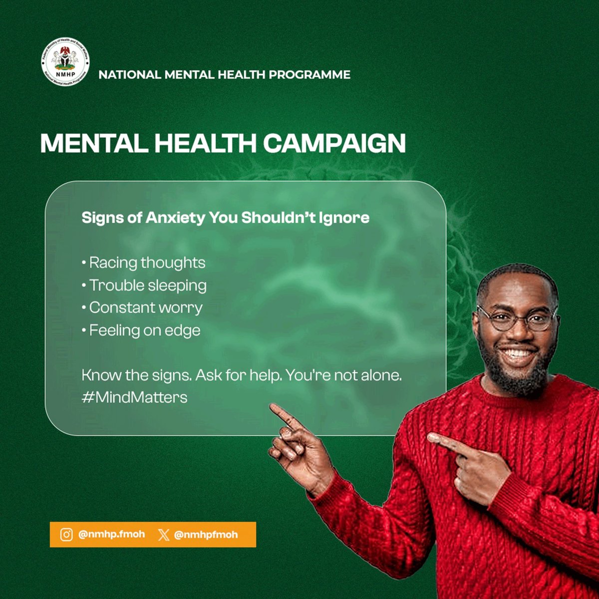 Anxiety can show up in different ways. Its important to recognize the signs and take action early. Visit the link in our bio for more information on how to access free mental healthcare services in Nigeria.
#mindmatters #yourmentalhealthmatters