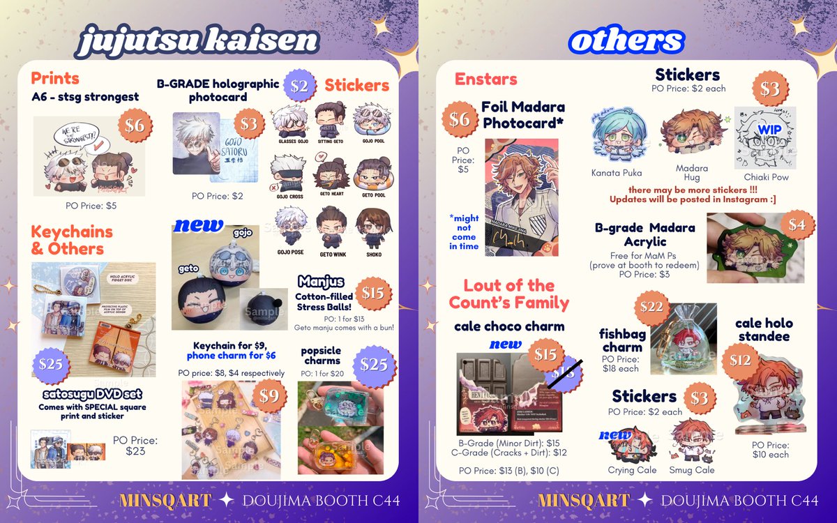 minsqart_'s tweet photo. #doujima2025 Catalogue!
(1/2)

✨Fandoms: BG3, Enstars, Genshin, HSR, JJK, LCF
🍷Freebies with ANY purchase!
💕Trades open (artists only)

🎏DM before 8 May, Fri 12:30pm to reserve at LOWER prices https://t.co/dGVTHgdyfJ