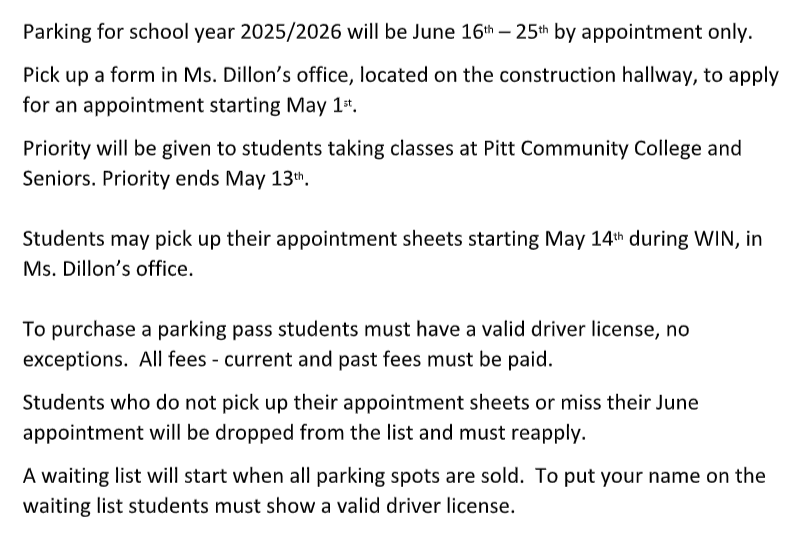 D.H. Conley High Sch (@dhchighschool) on Twitter photo Attention underclassmen wanting a DHC parking pass for the 2025-26 school year below. If you have questions, contact Joni Dillon at DillonJ@pitt.k12.nc.us Attention underclassmen wanting a DHC parking pass for the 2025-26 school year below. If you have questions, contact Joni Dillon at DillonJ@pitt.k12.nc.us