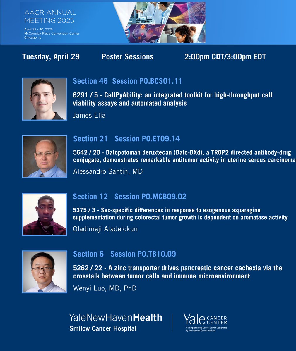 Yale Cancer Center (@yalecancer) on Twitter photo Drs. James Elia, Alessandro Santin, Oladimeji Aladelokun, and Wenyi Luo will be presenting their research in today's poster session at #AACR25 starting at 2pm CDT.
<a href="/ranjitbindra/">Ranjit Bindra,MD/PhD</a> <a href="/Johnsonlab_yale/">Caroline H Johnson</a> <a href="/YaleObGynRes/">Yale ObGyn Residents</a> <a href="/yalepathology/">Yale Pathology</a> <a href="/SmilowCancer/">Smilow Cancer Hospital</a> <a href="/YaleMed/">Yale School of Medicine</a> <a href="/YNHH/">Yale New Haven Hosp</a> Drs. James Elia, Alessandro Santin, Oladimeji Aladelokun, and Wenyi Luo will be presenting their research in today's poster session at #AACR25 starting at 2pm CDT.
<a href="/ranjitbindra/">Ranjit Bindra,MD/PhD</a> <a href="/Johnsonlab_yale/">Caroline H Johnson</a> <a href="/YaleObGynRes/">Yale ObGyn Residents</a> <a href="/yalepathology/">Yale Pathology</a> <a href="/SmilowCancer/">Smilow Cancer Hospital</a> <a href="/YaleMed/">Yale School of Medicine</a> <a href="/YNHH/">Yale New Haven Hosp</a>