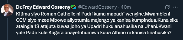 <a href="/EdwardCosseny/">Dr.Frey Edward Cosseny🇹🇿</a> <a href="/lifeofmshaba/">Think Different</a> Kazi si kusifia tu au kusema mazuri, kila jambo lifanyike kwa wakati wake, uwepo wakati watu waambiane madhaifu yao na wajisahihishe, hakuna malaika hapa.
Fr Kitima ni Padri wa Kanisa Katoliki na Katibu Mkuu wa TEC, kwa nafasi zote hizo ana mamlaka ya kusema penye udhaifu.