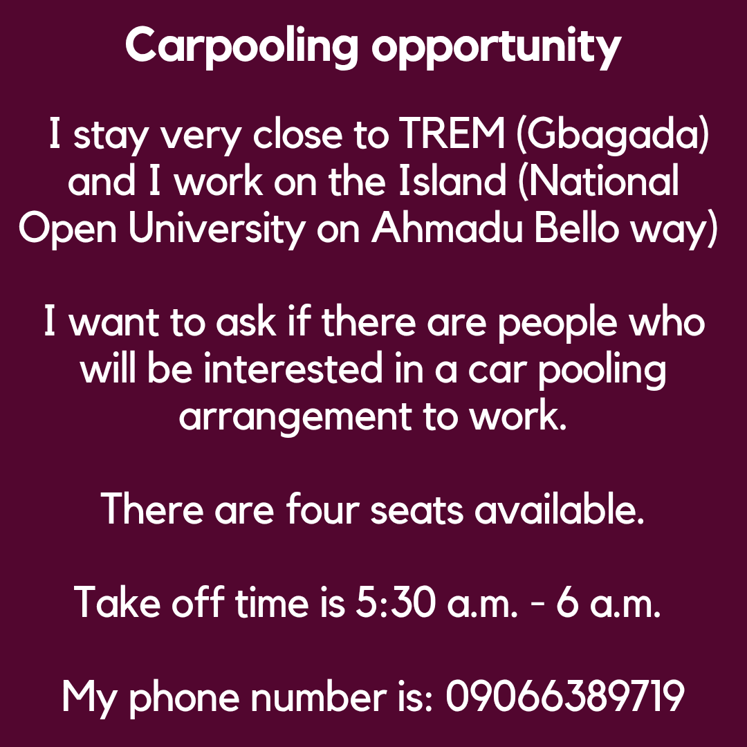 MyGbagada's tweet photo. Would you love to carpool from Gbagada to VI everyday?

Check the flyer for details. https://t.co/ACjlUQpfn1