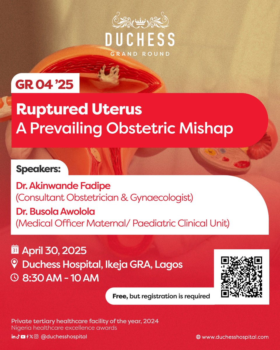 DuchessHospital's tweet photo. Join us for Duchess Grand Round 04â25 as we take a deep dive into two compelling case studies on ruptured uterus â a prevailing but preventable obstetric mishap.
#DuchessGrandRound
#Obstetrics #MedicalEducation
#DuchessHospital
#DuchessAffordableHealthcare https://t.co/dA8I5Cl9zD