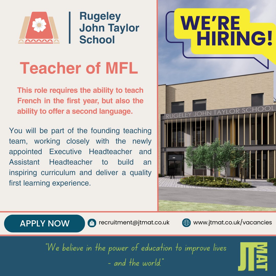 📢 We are looking for a Teacher of MFL for our new school currently - a reminder that the deadline to apply is tomorrow, Wednesday 30th April at midday.

For full details of the role and how to apply please visit: jtmat.co.uk/vacancies/