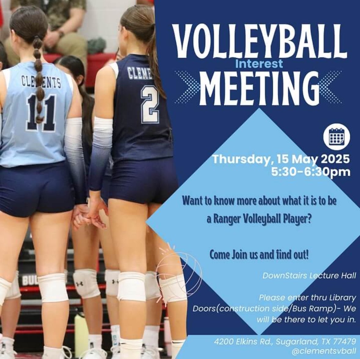 clementsvball's tweet image. Interest Meeting May 15th for all incoming 9th-12th graders! If you are interested in playing volleyball for Clements, you should be in attendance! Spread the Word! 🏐💙Get all the information on summer workouts, clinic, season schedule, tryout dates, and more.