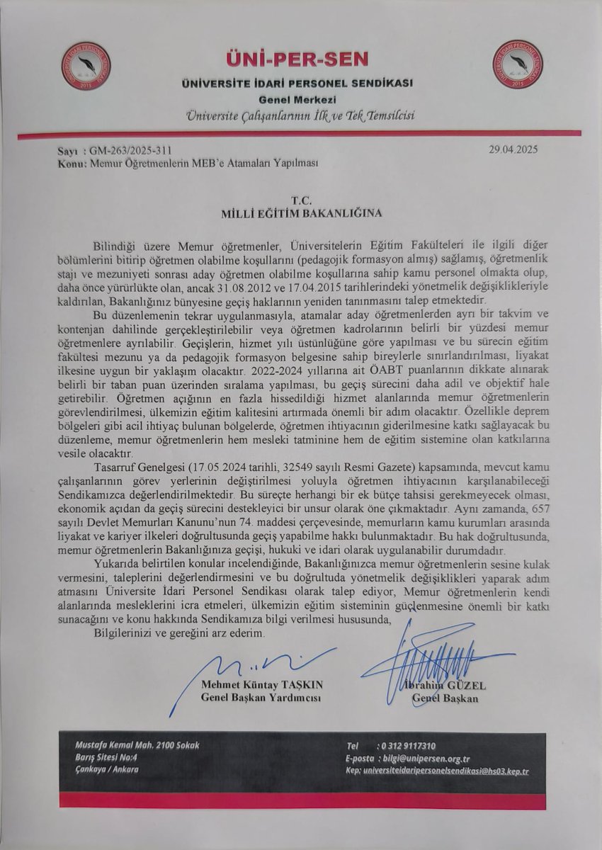 Memur öğretmenlerin 2012 yılında bir gecede kaldırılan %3 kurumlararası geçiş kontenjanının yeniden getirilmesi için Milli Eğitim Bakanlığından talepte bulunduk. 
<a href="/tcmeb/">Millî Eğitim Bakanlığı</a> <a href="/unipersen/">ÜNİPERSEN</a> <a href="/Yusuf__Tekin/">Yusuf Tekin</a> <a href="/MemurOgrtmnEcir/">MemurÖğretmenEcirSert</a> <a href="/ErefArs63845154/">Memur Öğretmen</a> <a href="/Memurretmenler1/">MemurÖğretmenler</a>