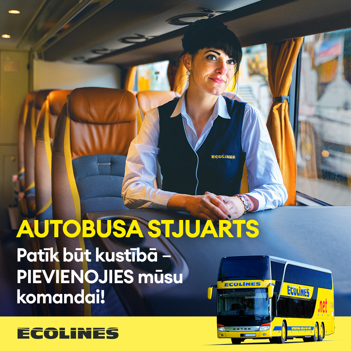 Dinamiskais darbs – Autobusa stjuarts!

Ja tev patīk ceļot, komunicēt un strādāt kustībā – pievienojies mūsu komandai!

Piesakies jau šodien un sāc aizraujošu ceļojumu kopā ar mums!
Raksti uz cv@ecolines.lv vai zvani +371 27031396."