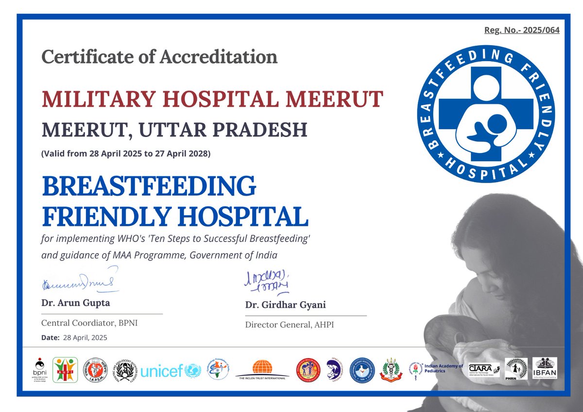 BPNI (@bpniindia) on Twitter photo We are happy to announce that Military Hospital Meerut, Uttar Pradesh has been accreditated as "Breastfeeding Friendly Hospital" by the National Accreditation Centre.
<a href="/dgafms_mod/">DGAFMS-MoD</a>
<a href="/UNICEFIndia/">UNICEF India</a>
<a href="/WHO/">World Health Organization (WHO)</a>
<a href="/ahpi_india/">Association of Healthcare Providers (India) - AHPI</a>
<a href="/IAPSM_India/">Indian Association of Preventive & Social Medicine</a>
<a href="/Moveribfan/">Dr. Arun Gupta MD FIAP (Ped)</a> We are happy to announce that Military Hospital Meerut, Uttar Pradesh has been accreditated as "Breastfeeding Friendly Hospital" by the National Accreditation Centre.
<a href="/dgafms_mod/">DGAFMS-MoD</a>
<a href="/UNICEFIndia/">UNICEF India</a>
<a href="/WHO/">World Health Organization (WHO)</a>
<a href="/ahpi_india/">Association of Healthcare Providers (India) - AHPI</a>
<a href="/IAPSM_India/">Indian Association of Preventive & Social Medicine</a>
<a href="/Moveribfan/">Dr. Arun Gupta MD FIAP (Ped)</a>