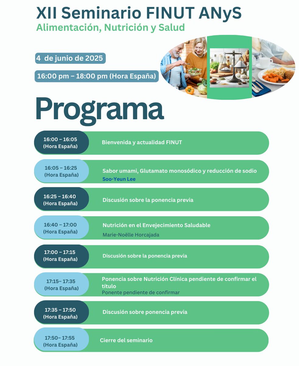 Os presentamos el programa de nuestro próximo seminario. 

Si aún no te has inscrito, puedes hacerlo en finut.org/webinars/https…… 

Nota: la ponencia sobre Nutrición Clínica y el experto que la llevará a cabo serán confirmados muy pronto.