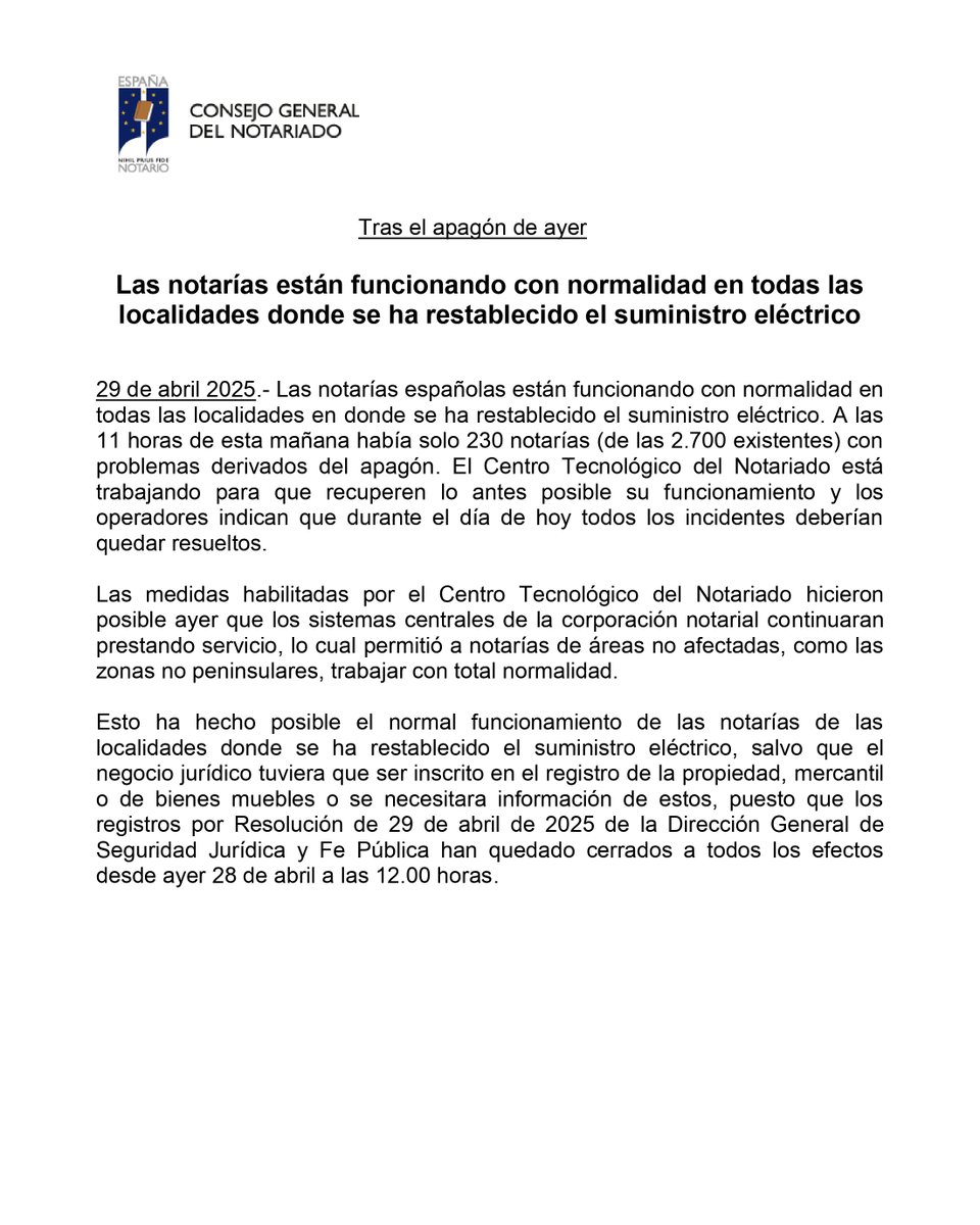 ✅ Las notarías españolas están funcionando con normalidad en todas las localidades en donde se ha restablecido el suministro eléctrico

Las medidas habilitadas por <a href="/CTNotariado/">Centro Tecnológico del Notariado</a> permitieron ayer que los sistemas centrales de la corporación notarial continuaran prestando servicio