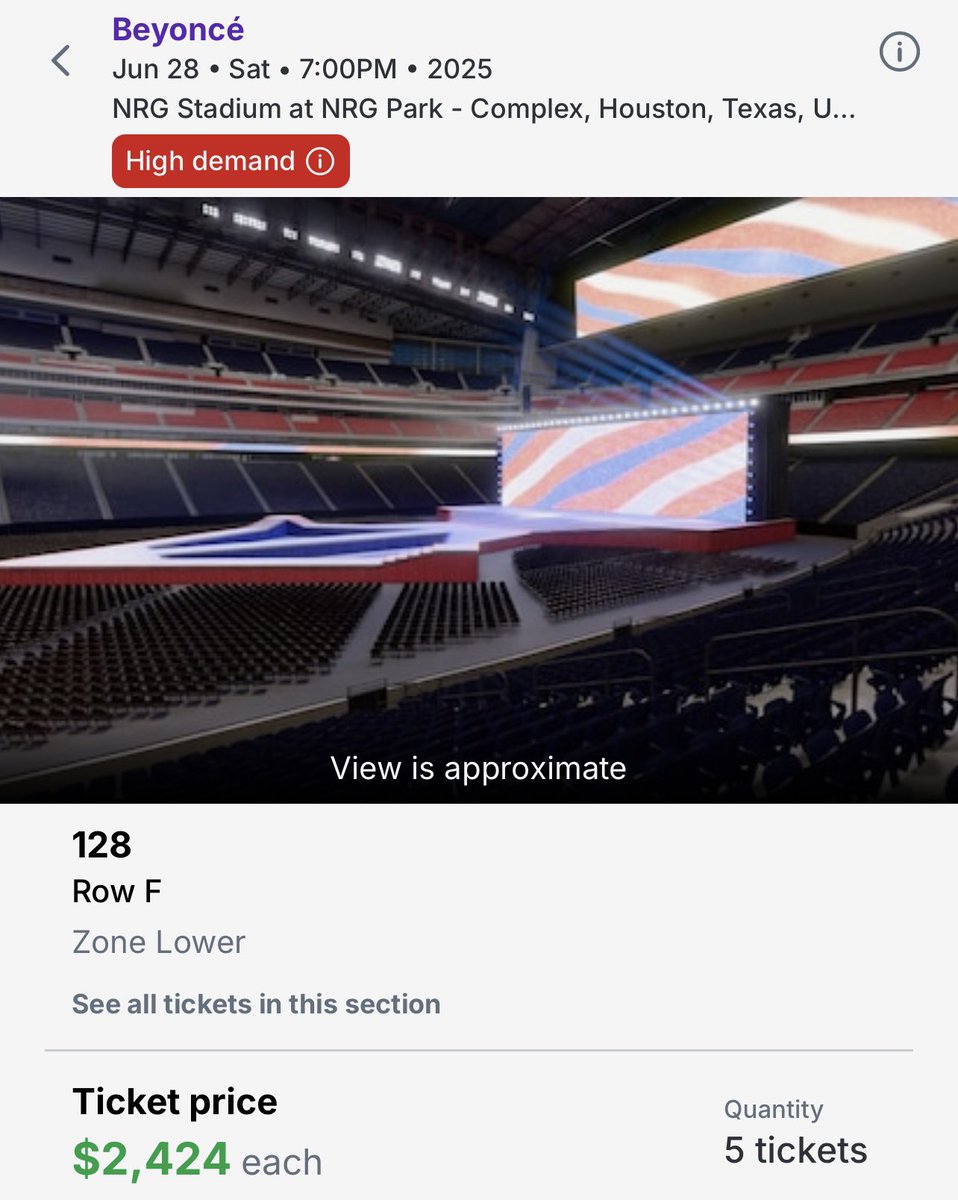 Selling 5 tickets to Beyoncé's Cowboy Carter Tour:
Houston June 28th 
section 128 
Row:FF Seats 1-5 
$600 each