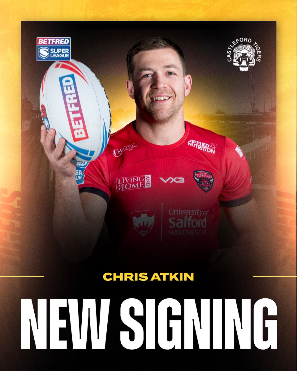 The Tigers are pleased to announce the acquisition of Chris Atkin from Salford Red Devils.
The 32-year-old playmaking half-back/hooker joins Castleford with immediate effect.

Chris Atkin is available to Sponsor
Contact: commercial@castigers.com