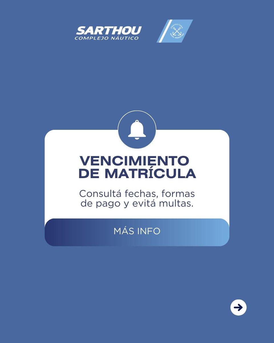 CNSarthou's tweet photo. Este es un recordatorio que mañana 30/4 vence la primera cuota de la tasa anual de PNA (matrícula). ⚓️

Evitá punitorios y salí a navegar tranquilo, en el post tenes toda la info para pagar y estar al día. 😎

Se viene un finde largo, aprovechalo con tu familia y amigos. https://t.co/NzdWHNOfhs