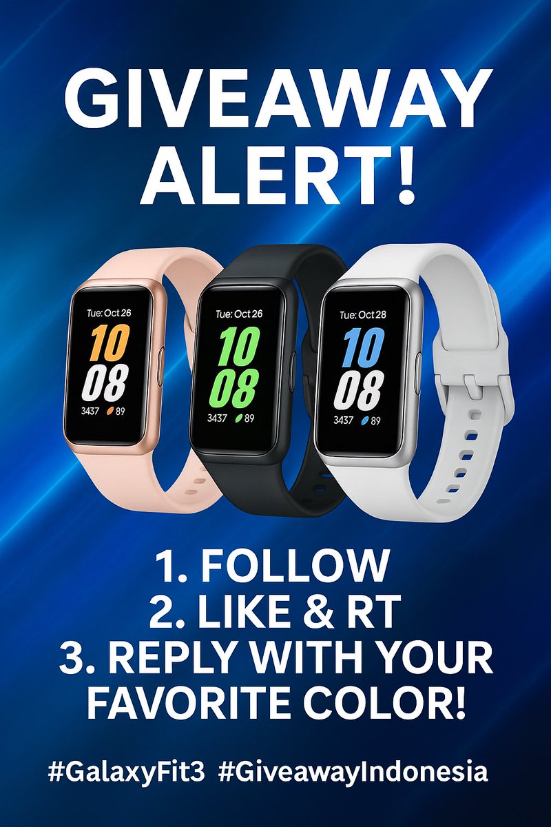 🎁 GIVEAWAY TIME! 🎁
Mau tampil aktif &amp; stylish kayak atlet digital?
Aku bakal bagi-bagi 1 Galaxy Fit3 Bluetooth GRATIS buat kamu yang beruntung!

Cara ikut:
1.Follow aku
2.Like &amp; Retweet postingan ini
3.Reply: Pilih warna favoritmu (Pink Gold / Gray / Silver) +