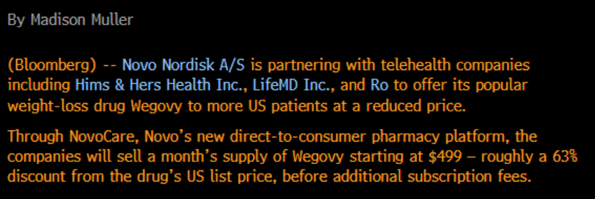 Michelle Fay Cortez (@faycortez) on Twitter photo Novo Nordisk Teams Up With Hims and Ro to Sell Cheaper Wegovy
Want to know what's up with the weight-loss market today? Follow Madison at <a href="/g0ingmad/">Madison Muller</a> Novo Nordisk Teams Up With Hims and Ro to Sell Cheaper Wegovy
Want to know what's up with the weight-loss market today? Follow Madison at <a href="/g0ingmad/">Madison Muller</a>