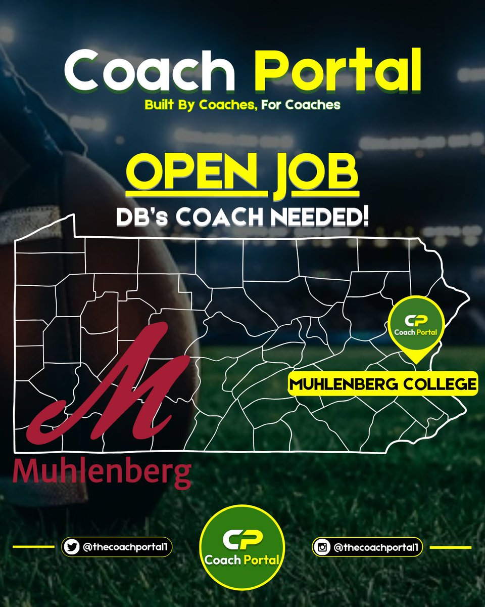 Coach Portal (@thecoachportal1) on Twitter photo Muhlenberg College (PA - D3) is looking for a full-time, Defensive Assistant with DB experience. Candidates can expect benefits & the ability to coach their own room, recruit an area, and assist with game planning.
If interested, apply via the link below.
muhlenberg.wd1.myworkdayjobs.com/en-US/Muhlenbe… Muhlenberg College (PA - D3) is looking for a full-time, Defensive Assistant with DB experience. Candidates can expect benefits & the ability to coach their own room, recruit an area, and assist with game planning.
If interested, apply via the link below.
muhlenberg.wd1.myworkdayjobs.com/en-US/Muhlenbe…