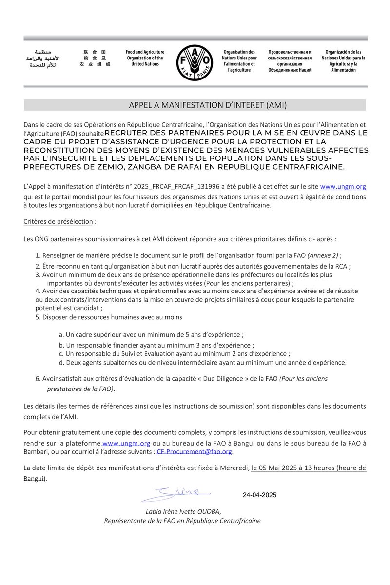 La FAO cherche à recruter des partenaires pour la mise en œuvre de ses activités à Zangba, Zemio et Rafai à l’Est de la Centrafrique 🇨🇫. Vous êtes une ONG intéressée, consultez l’offre via le lien ungm.org et faites parvenir votre dossier au plus tard le 05/05/2025