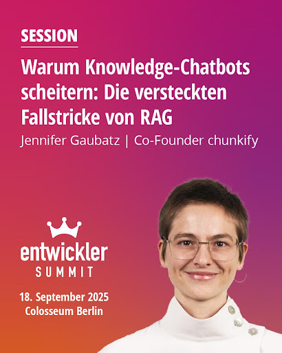 👩‍💻 Jennifer Gaubatz (Co-Founder chunkify) zeigt, warum viele Chatbots scheitern – es liegt am Chunking, nicht am Modell. Auf dem #entwicklerSummit zeigt sie die unsichtbaren RAG-Fallstricke. Pflicht-Session für alle #LLM-Bauer!

🔗 entwickler.de/entwickler-sum…