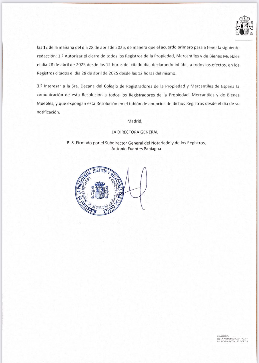 Los registros de la propiedad, mercantiles y de bienes muebles de España permanecen hoy cerrados. 

La sede electrónica está operativa para presentar documentos y solicitar información.
