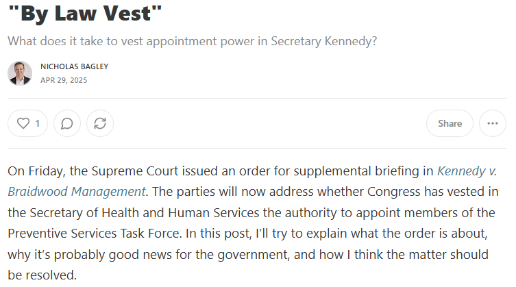 Nicholas Bagley (@nicholas_bagley) on Twitter photo The Supreme Court asked for supplemental briefing in the big case about preventive services and the Appointments Clause that was just argued. I've got a rundown on the order over at <a href="/DividedArgument/">Divided Argument</a> (link below): The Supreme Court asked for supplemental briefing in the big case about preventive services and the Appointments Clause that was just argued. I've got a rundown on the order over at <a href="/DividedArgument/">Divided Argument</a> (link below):
