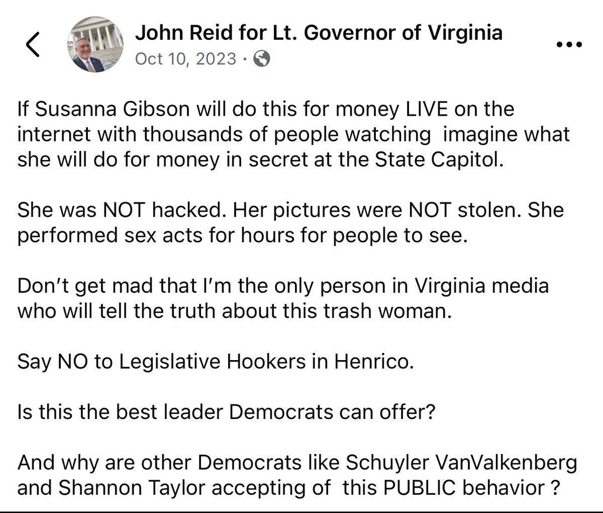 VA_GOP_'s tweet photo. @JohnReid4VA Don’t agree with what’s happening to you. 

But let’s be honest…you were happy to repeat ugly personal gossip and say things that were factually inaccurate… https://t.co/8AUVcd7bx7