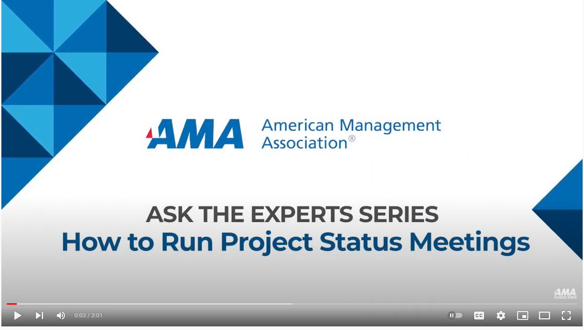 AMAnet's tweet image. 🧠 #TipTuesday: This video covers the process that project managers should follow when running status meetings, and offers tips for successfully keeping the project management team focused. ow.ly/OZ5E50IElU7  #AskTheExperts #projectplanning #leadership