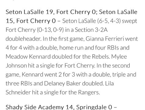 went 7-7 in our double header against Fort Cherry yesterday. Currently ranked 6 in WPIAL for batting average! Finishing up our section this week! Go Rebels 💚💛

<a href="/SLS_Athletics/">Seton LaSalle Athletics</a> <a href="/CarlowSoftball/">Carlow Softball</a>