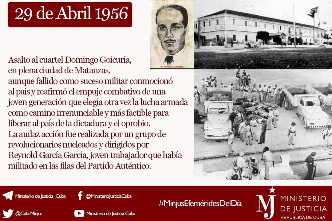 Brbara169129's tweet photo. El 29 de abril de 1956 un grupo de jóvenes encabezados por Reynold García asaltan el cuartel Goicuría en pleno centro de la ciudad de Matanzas para apoderarse de las armas y levantar la conciencia del pueblo a favor de la lucha insurreccional contra Batista. #TenemosMemoria https://t.co/1qIVPVgod5