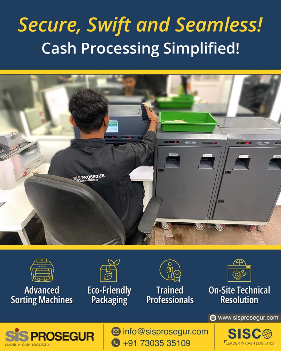 sisprosegur1995's tweet photo. At SIS-Prosegur, our Cash Processing Outsourcing (CPO) ensures RBI-compliant, high-speed cash handling with trained staff, advanced machines, and eco-friendly practices—trusted by banks nationwide.

#SISProsegur #CashProcessing #CashManagement #CurrencyChest #SecureOperations https://t.co/MUX7bh7VpY